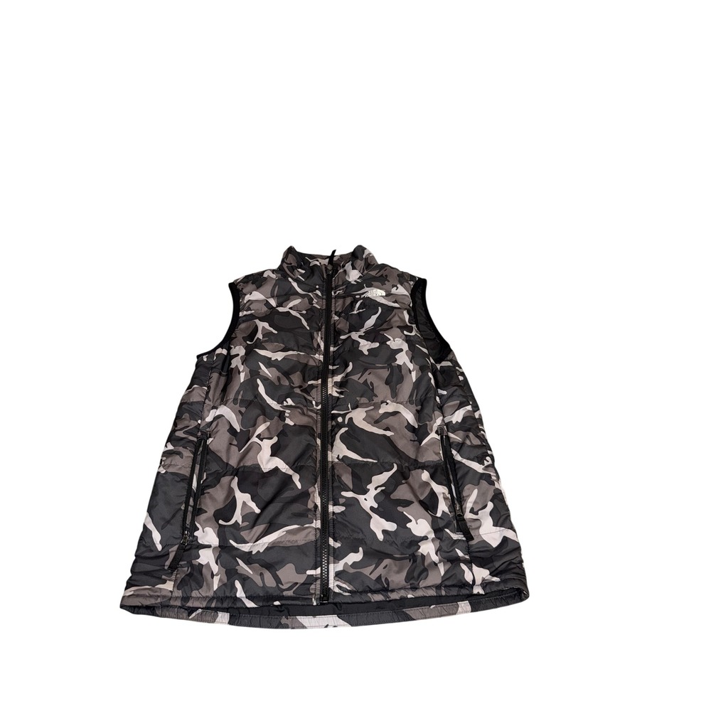 The North Face Youth Insulated Vest Gray Black Camo Full Zip XL 18/20